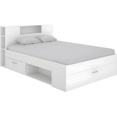 Letto matrimoniale alla francese con testiera portaoggetti e cassetti 140 x 190 cm Bianco - LEANDRE (1/5)