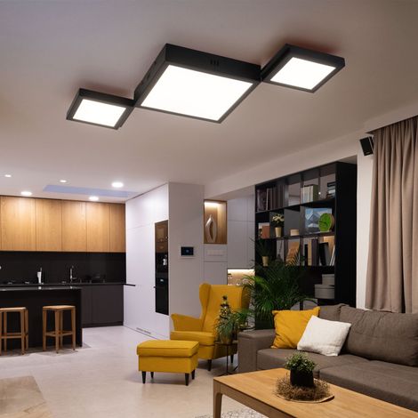 Plafoniera moderna soggiorno plafoniera lampada da soffitto nero, metallo, LED 25W 1072Lm bianco caldo, LxLxH 71x31x4,5 cm