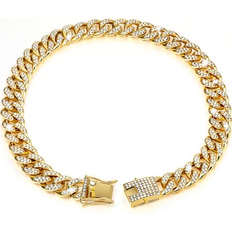 Collier pour chien en chaîne métallique dorée avec ornements façon diamant et fermoir de sécurité (12 pouces) (1/5)