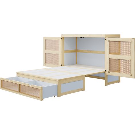 Klappbett 140 x 200 cm mit Lattenrost, Stauraum und Rattanfront, Holzfarbe (1/5)