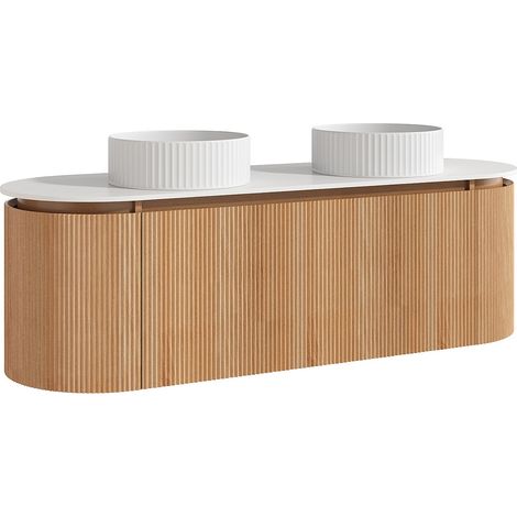 Meuble de salle de bain suspendu strié avec double vasque à poser ronde striée – Naturel clair - L150 cm - LILIKO (1/4)