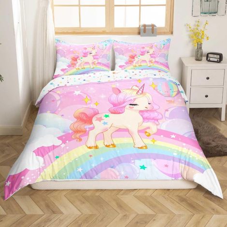 Parure de lit pour fille - 135 x 200 cm - Motif licorne rose - Motif : cheval - Avec housse de couette et 1 taie d'oreiller (1/5)