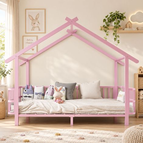 Lit cabane enfant 90x200 cm en métal rose, barrières de sécurité, structure maison, sommier à lattes inclus, sans matelas (1/5)