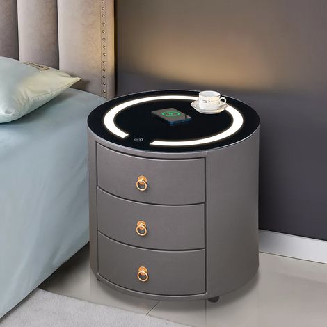 CLIPOP Table de nuit avec 3 tiroirs, table de nuit intelligente avec station de recharge sans fil, éclairage LED réglable, surface en similicuir, noir (1/5)