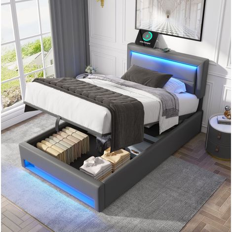 Lit coffre 160x190 cm avec LED USB, PU gris OKMYHOME (1/5)