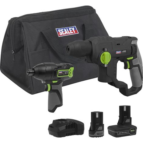 Sealey CP108VCOMBO4EU 2 x SV10.8 Series Cordless Rotary Hammer Drill & Impact Driver Kit 10.8V - 2 Batteries & Euro Plug (1/2)