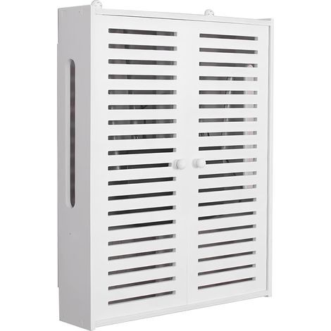 Étagère murale en PVC pour routeurs et prises WLAN - 2 niveaux réglables en hauteur avec portes battantes - Gestion des câbles anti-poussière (boîte à câbles) - Gain de place pour salon (1/5)