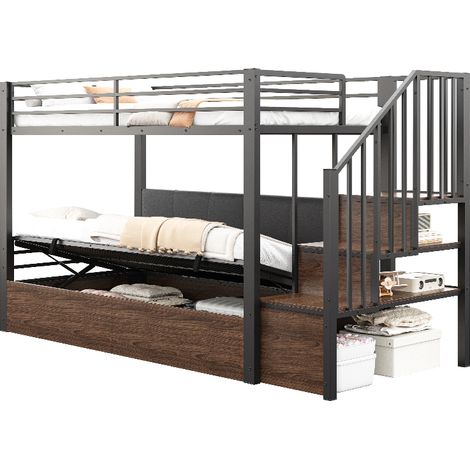 Hochbett 90x200 cm mit Stauraum und Treppe, Metall Etagenbett Schwarz, inkl. hydraulischem Bettkasten & weicher PU-Rückenlehne für Jugendzimmer (1/5)