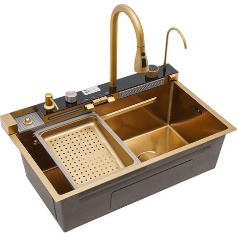 Évier de cuisine multifonctionnel doré 75 x 46 x 22 cm – Poste de travail tout-en-un en acier inoxydable – Avec cascade d'eau, robinet extractible, lave-verre et et distributeur de détergent – Command (1/5)