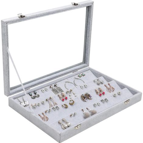 Rangement Boucle d’Oreille en Velours Gris avec 40 Fentes et Couvercle - Presentoir Bijoux et Boucle d’Oreille à 4 Niveaux avec Fenêtre en Verre Transparente pour Boucles d’Oreilles (1/5)