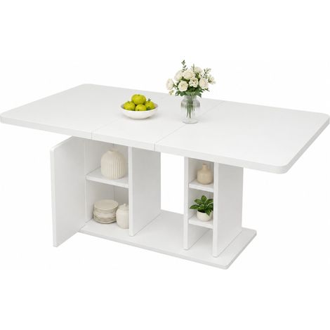 ELVMI Mesa de Comedor Extensible para 6 a 8 Personas con Almacenamiento y Nichos Abiertos, MDF, Blanca, 140/180 x 80 cm (1/5)