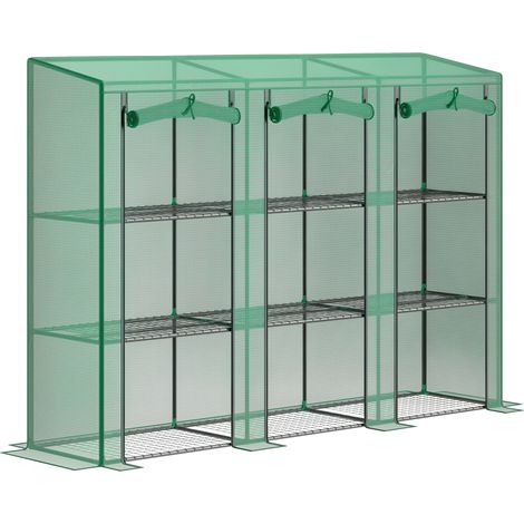 Serre extérieure à 3 niveaux avec porte roulante et fermeture éclair, 9 étagères et couverture PE 215 x 46 x 151 cm Vert (1/5)