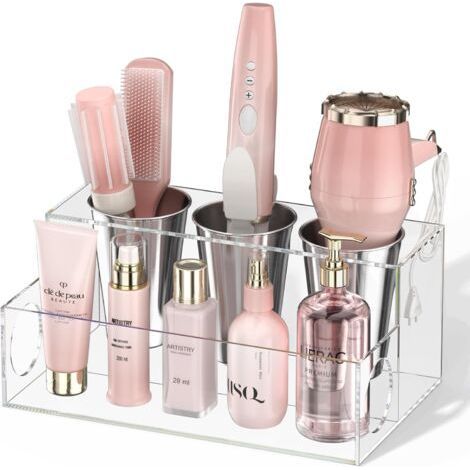 Organisateur en acrylique transparent pour outils de coiffure et sèche-cheveux, à placer sur le comptoir de la salle de bain, pour les accessoires, le maquillage et les articles de toilette. (1/5)