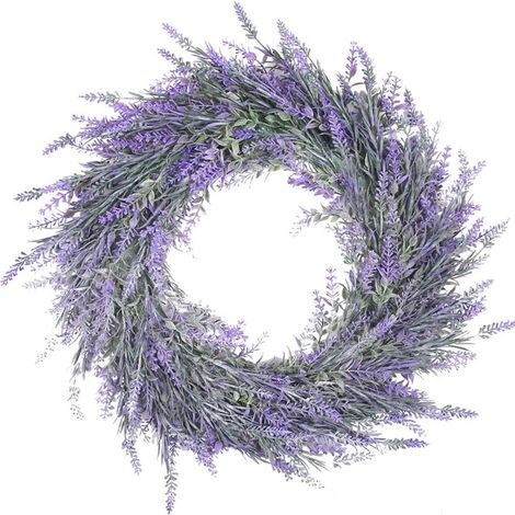 Corona artificial de lavanda de 45 x 45 cm, primaveral, para puerta, pared, boda (1/4)