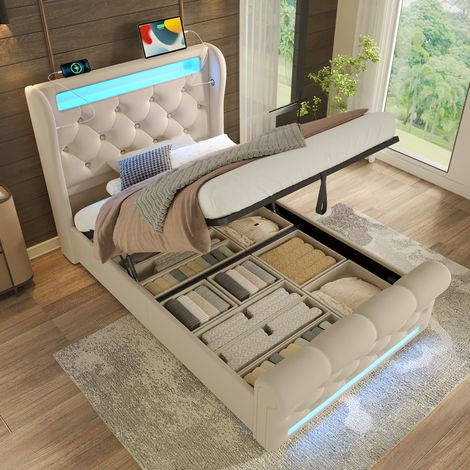 Cama tapizada de terciopelo beige 90x200 cm con LED, almacenaje hidráulico, USB y Type-C (1/5)