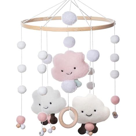Mobile pour bébé avec carillon à vent, mobile pour bébé fille, mobile en bois avec boules de feutre et nuages 3D, lampe de chevet suspendue pour bébé fille, rose - WELLNGS (1/5)