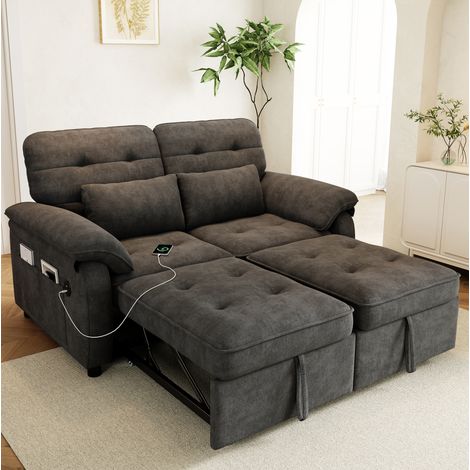 Divano letto da 2 posti 3-in-1 con 2 cuscini, USB e Type-C, schienale regolabile, in tessuto felpa (chenille) grigio (1/5)