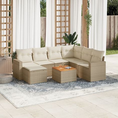 Ensemble de jardin 8 places en résine tressée beige avec coussins lavables - Salon extérieur modulaire avec table en acacia (1/3)