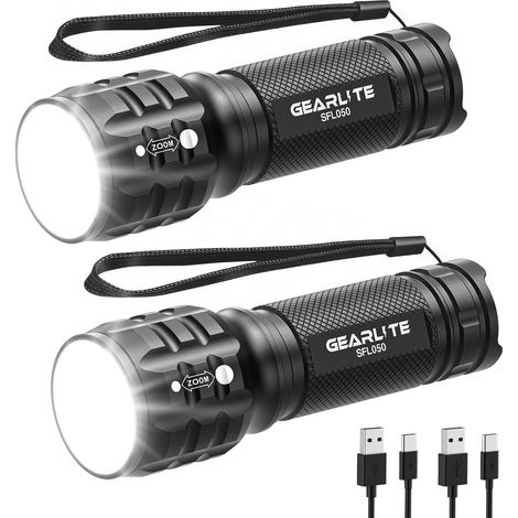 Lampe Torche Rechargeable 2 Pièces, Mini Lampe de Poche LED Ultra Puissante Militaire Tactique Zoomable, Étanche IP65, Longue Portée Flashlight pour Enfant Camping, Randonée, Urgences (1/5)