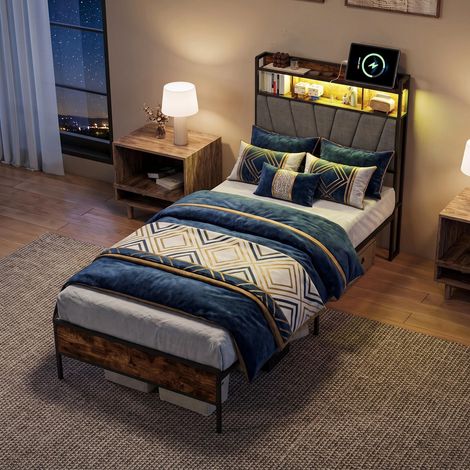 Letto singolo 90x200 cm con rete a doghe - letto per adulti e ragazzi con led e stazione di ricarica usb - struttura letto in metallo e legno rustico con testiera imbottita in lino - grigio (1/5)