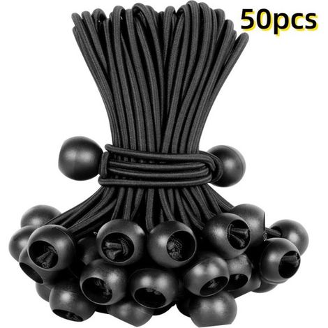 Cordons élastiques - Sangles d'arrimage avec boule - Fixation de tente - Nylon résistant - Lot de 50, 15 cm - Noir (1/5)