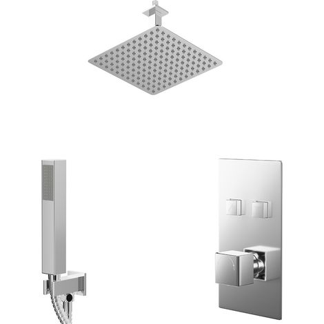 Cubix Polished Chrome Push Button Diverter Concealed Thermostatic Shower Valve and 300mm Square Head with 150mm Ceiling Arm and Outlet Holder with Kit - 2 Outlet (1/5)