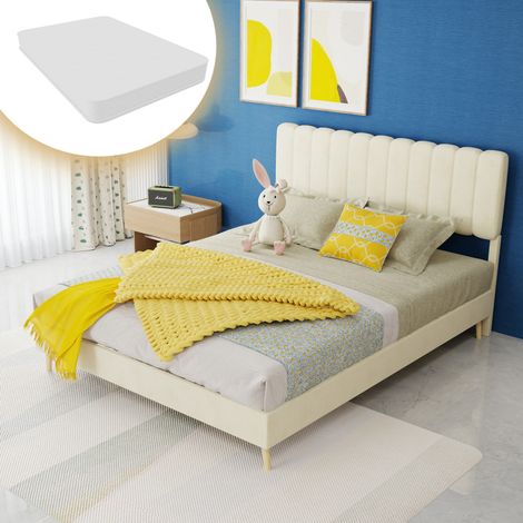 Cama tapizada moderna de terciopelo beige 140x200 cm con cabecero alto y colchón incluido
