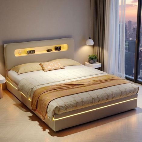 Cama Cofre Doble 140x200 - Cabecera de Terciopelo Beige - Almacenamiento Hidráulico - LED RGB - Diseño Moderno (1/5)