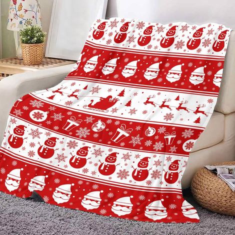 Plaid Noël rouge/blanc flanelle, motif bonbon neige, jeté canapé 1/2 personne, dimensions 130 x 150 cm (1/5)