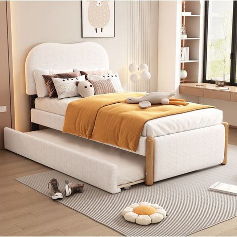 Lit 90 x 200 cm en velours blanc avec structure MDF et lit gigogne coulissant réversible, tête de lit rembourrée, charge 150 kg – de FLORAGRACE pour chambre (1/5)