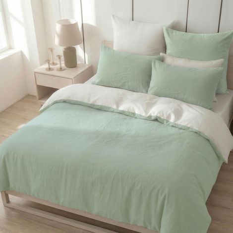 Parure de lit 180 x 200 cm en coton vert sauge/blanc – Parure de lit 3 pièces douce, 100 % coton lavé, comprend 1 housse de couette 180 x 200 cm et 2 taies d'oreiller 80 x 80 cm avec fermeture (1/5)