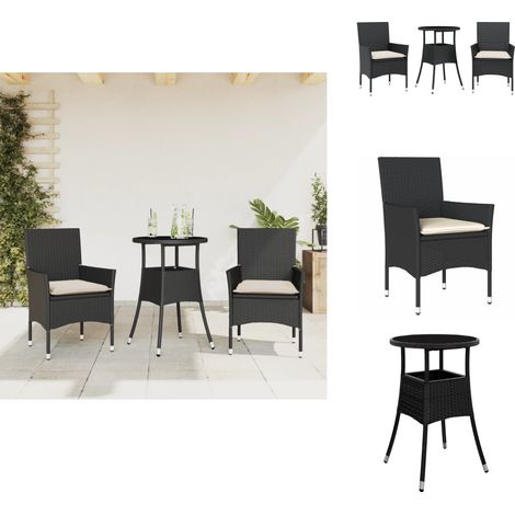 Ensemble à manger de jardin et coussins 3 pcs noir rotin verre - Meubles De Jardin - Salon De Jardin - Set De Jardin - Mobilier D'extérieur - Table De Jardin (1/5)