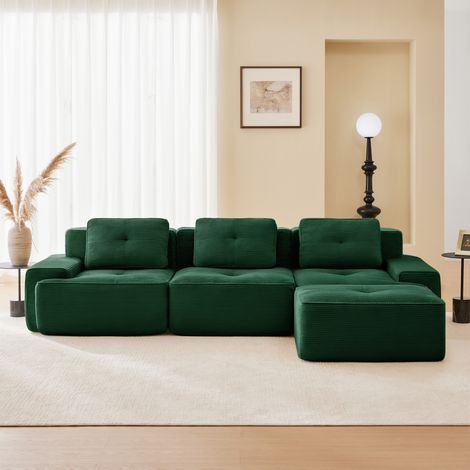 Modulares 3-Sitzer-Ecksofa aus Cord mit 1 Hocker, rahmenlos, 32D-Elastik, extra tiefe Sitze, 293 x 177 x 69 cm, grün