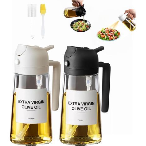Lot de 2 Spray Cuisine 470 ml, Spray et Distributeur 2-en-1 pour Cuisson et Assaisonnement, Vaporisateur Compatible Air Fryer, Salades, Vinaigre, Barbecue, Accessoire de Cuisine (Noir & Blanc) (1/5)