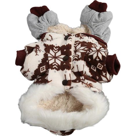 Manteau d'hiver épais à capuche pour chien, motif flocons de neige et élan, pour chiens de petite et moyenne taille, couleur café, taille S. (1/2)
