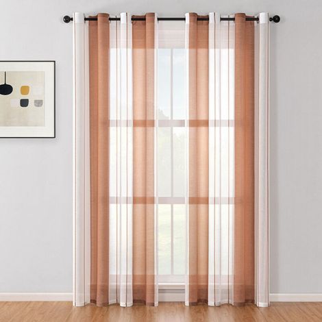 Rideaux Voilage à Rayures Lot de 2, Voilages Intérieurs avec Oeillets, Rideau Fenetre Chambre Salon Transparent, Polyester Semi-Transparent, Curry 140x145cm (1/4)