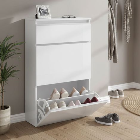 Dmora Zapatero moderno, Made in Italy, con 2 puertas y 1 puerta abatible, Zapatero de entrada, 60x27h108 cm, color blanco brillante, con embalaje reforzado (1/5)