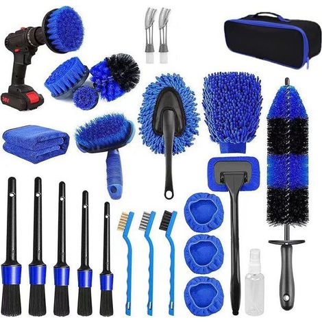 26Pcs Lot de Brosse Nettoyage Voiture,Pinceau Detailing Auto,kit de détail de voiture,Kit de Brosse Nettoyage Voiture Interieur Exterieur,Brosse Nettoyage Perceuse Électrique (1/5)