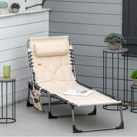 Chaise longue d'extérieur pliable en polyester beige, dossier 5 positions, avec coussin appui-tête et poche latérale, 188x57x30 cm (1/5)