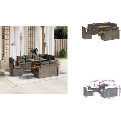 9-tlg. Garten-Sofagarnitur mit Kissen Grau Poly Rattan - Gartenmöbel Set - PE-Rattan Möbel - Outdoor Lounge - Gartenlounge - Balkonmöbel (1/3)