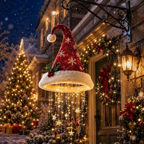 UNLustre suspendu en forme de chapeau de Père Noël lumineux, lumière LED chaude de Noël, décoration de suspension conique à paillettes avec pompon en forme d'étoile et carillon, éclairage de Noël pour (1/5)