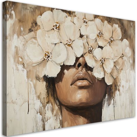 Quadro su tela, Donna Fiori in testa Beige - 60x40 (1/3)