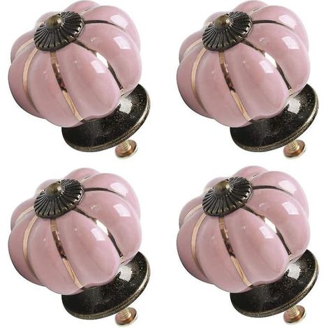 Lot de 4 boutons en céramique rose décoratifs en forme de citrouille, style vintage, pour tiroirs, portes, armoires et commodes. (1/4)