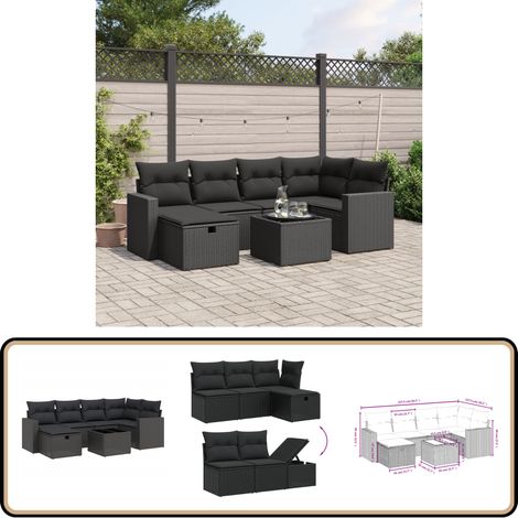 Salon de jardin 7 pcs avec coussins noir résine tressée - Ensemble Salon De Jardin - Mobilier De Jardin - Canapé D'extérieur - Set De Salon - Chaise Longue