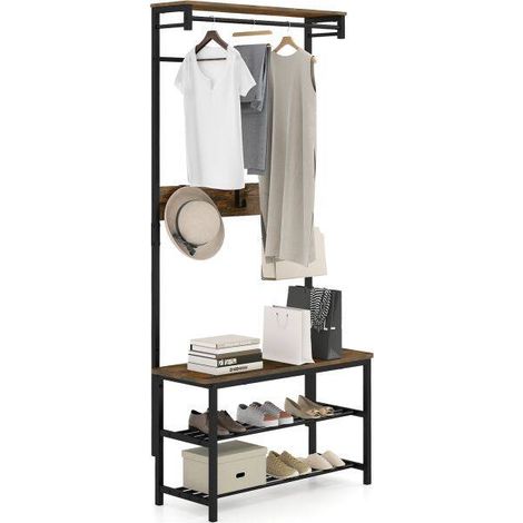 Porte-manteau d'entrée 5-en-1 avec banc, range-chaussures, étagère, tringles et crochets amovibles pour entrée, couloir et chambre (1/5)