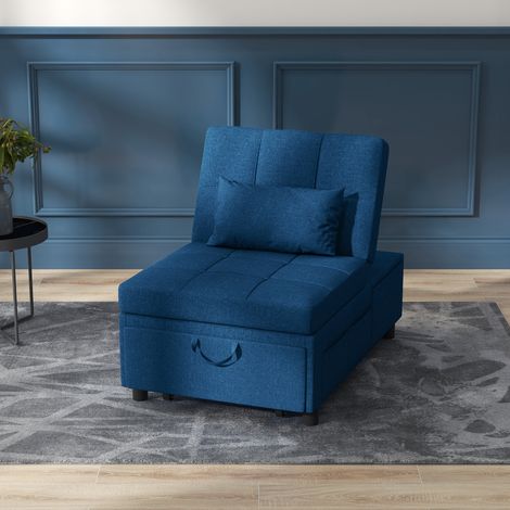 Fauteuil pliant 3 en 1 avec poche latérale, lit d'appoint avec oreiller, dossier réglable, fauteuil de lit à roulettes, bleu