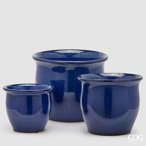 EDG Enzo De Gasperi Set 3 Vasi Cachepot Bombato Blu Ceramica 32 cm