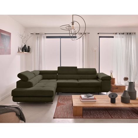Zaria – ecksofa links – mit schlaffunktion und bettkasten sowie verstellbaren kopfstützen – 5-sitzer – aus cord - grün