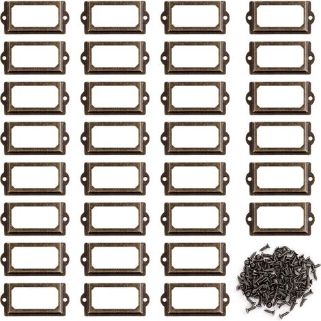 Porta etichette in metallo, 30 pezzi con cornice per etichette e viti, cornice per maniglia per porta in bronzo retrò per mobili, cassetti, armadi, librerie (70 x 33 mm)