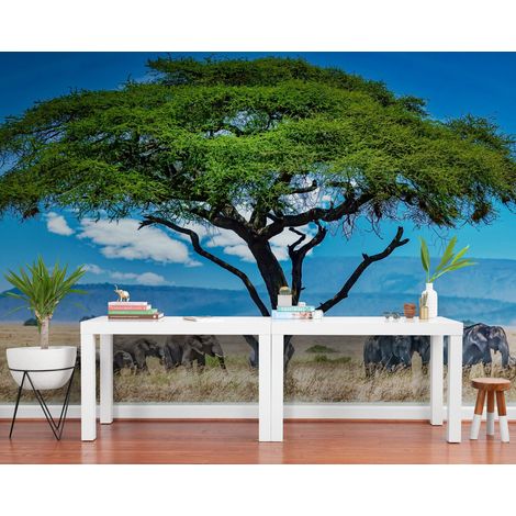 Papier Peint Paysage - Savane aux Éléphants - 150 x 250 cm (1/2)